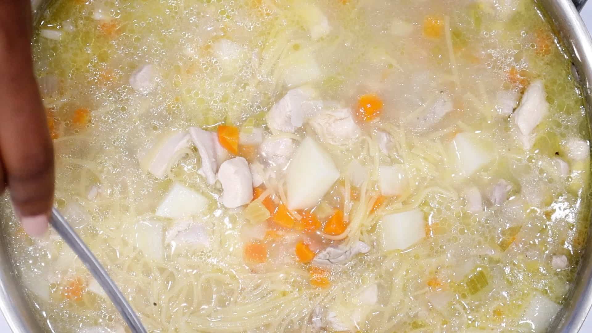 Stir and serve chicken broth soup