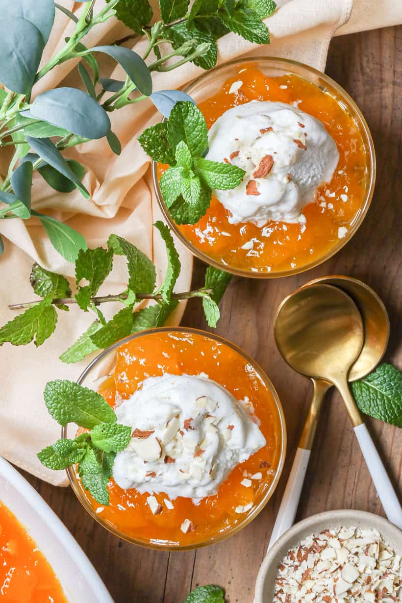 Turkish pumpkin dessert recipe in glasses topped with ice cream and nuts