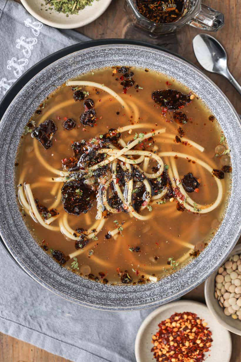 Turkish green lentils soup with vermicelli