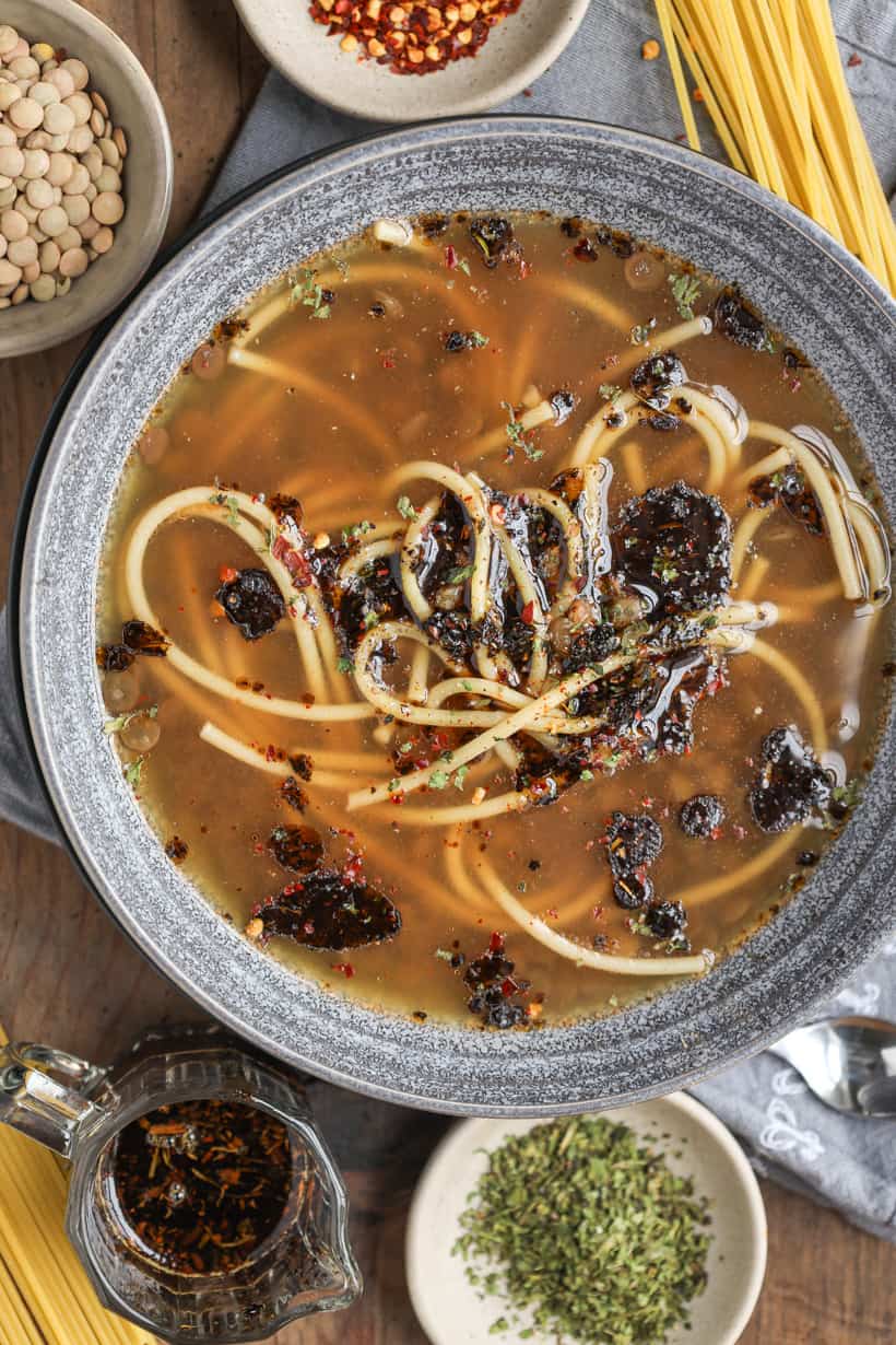 Turkish Style green lentils soup with vermicelli