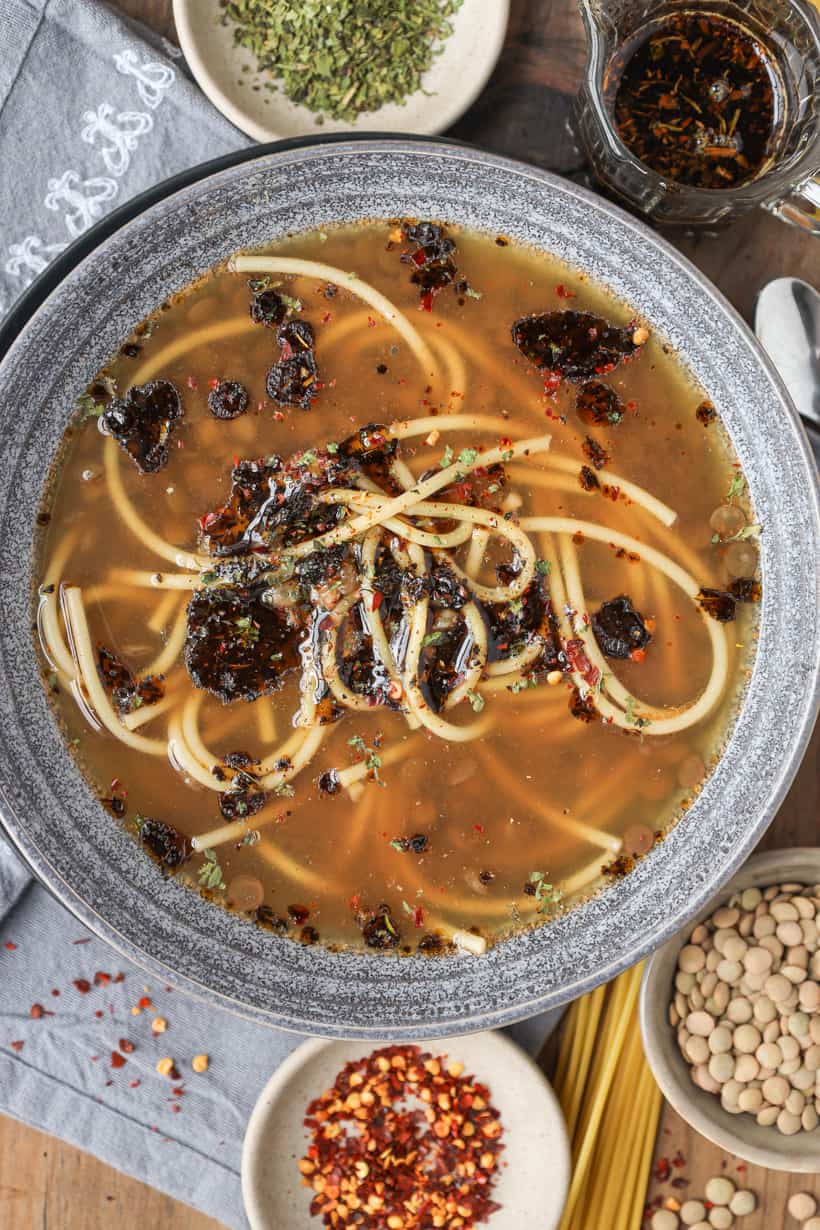 green lentils soup with infused oil