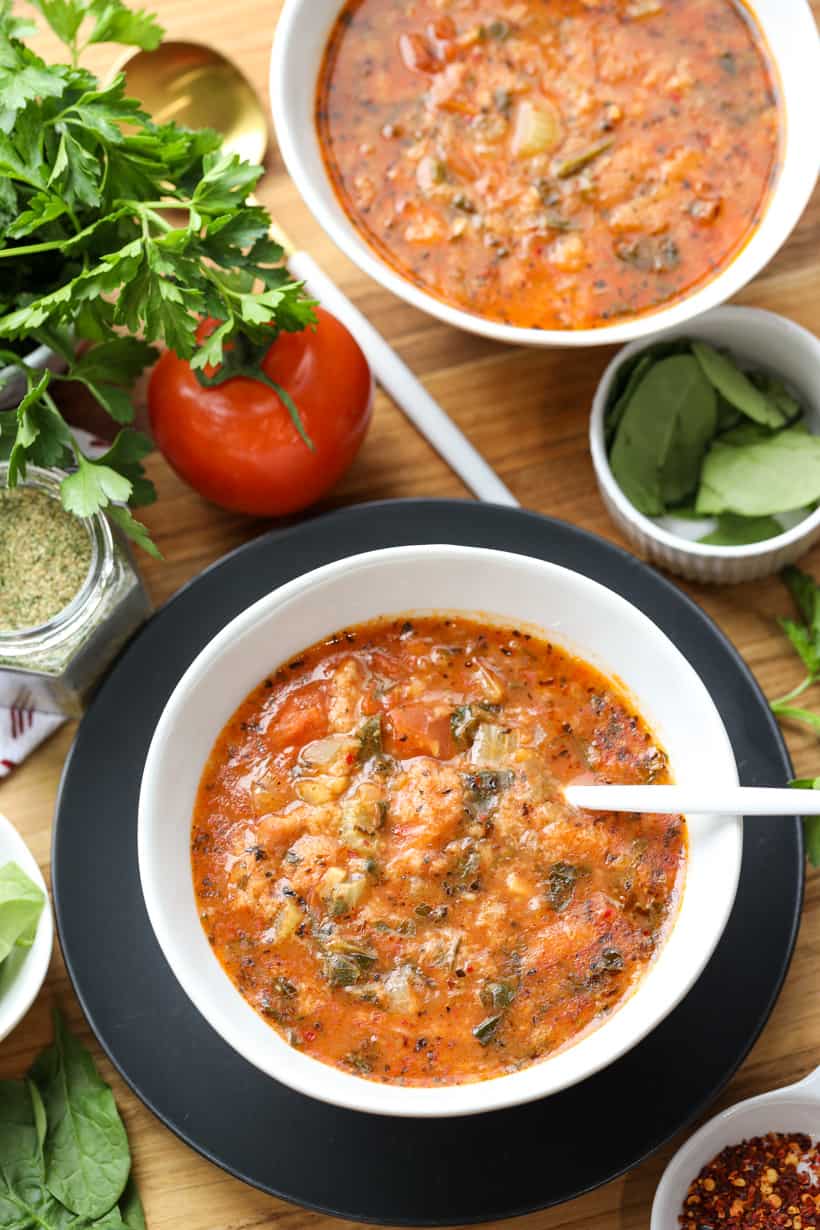Bread soup in white bowls