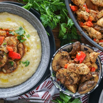 Mushroom Chicken over grits and in bowl