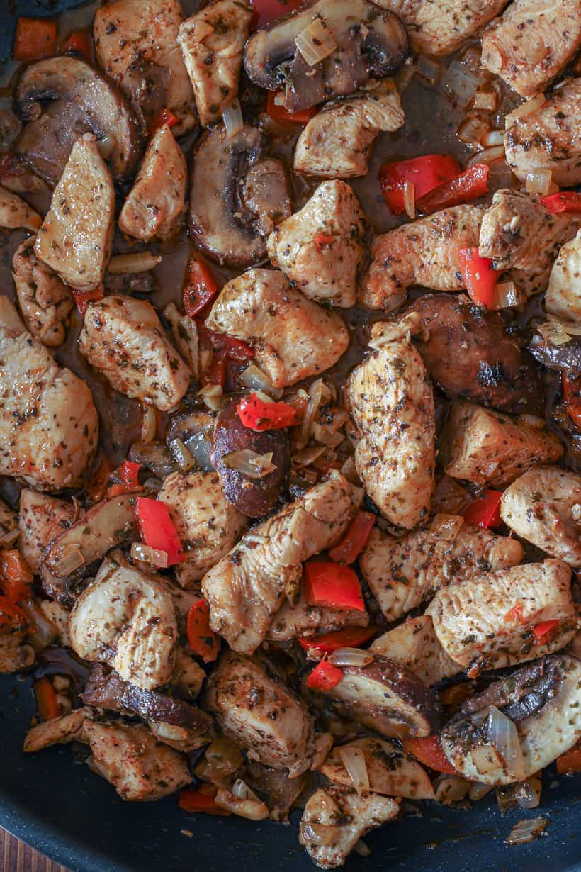 mushroom chicken with bell peppers in onions