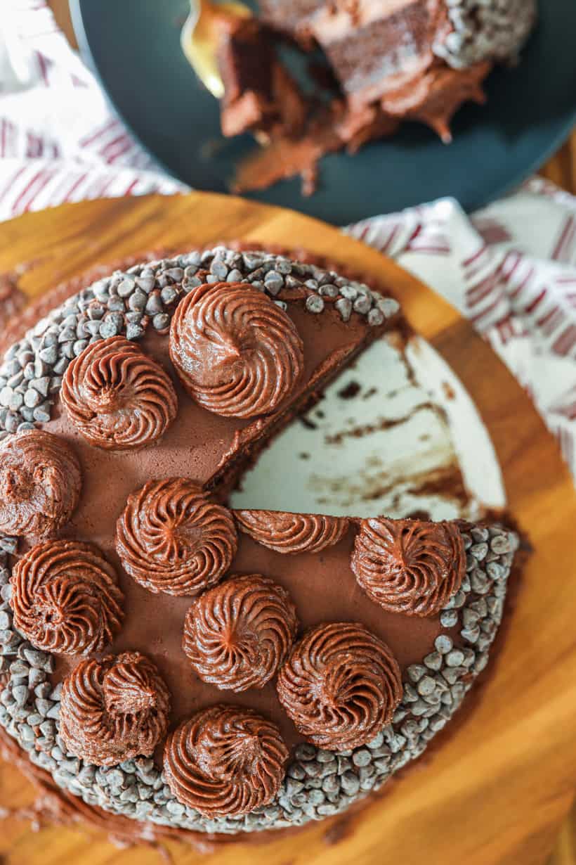 overhead view of death by chocolate cake with cutout slice