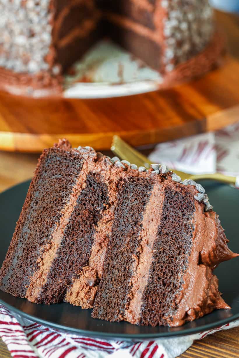 close up view of a slice of death by chocolate cake