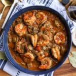Okra that's smothered in thick sauce with shrimp and tomatoes