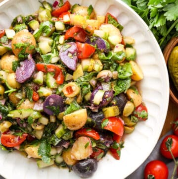 Mediterranean Potato Salad with cherry tomatoes and pickled dill