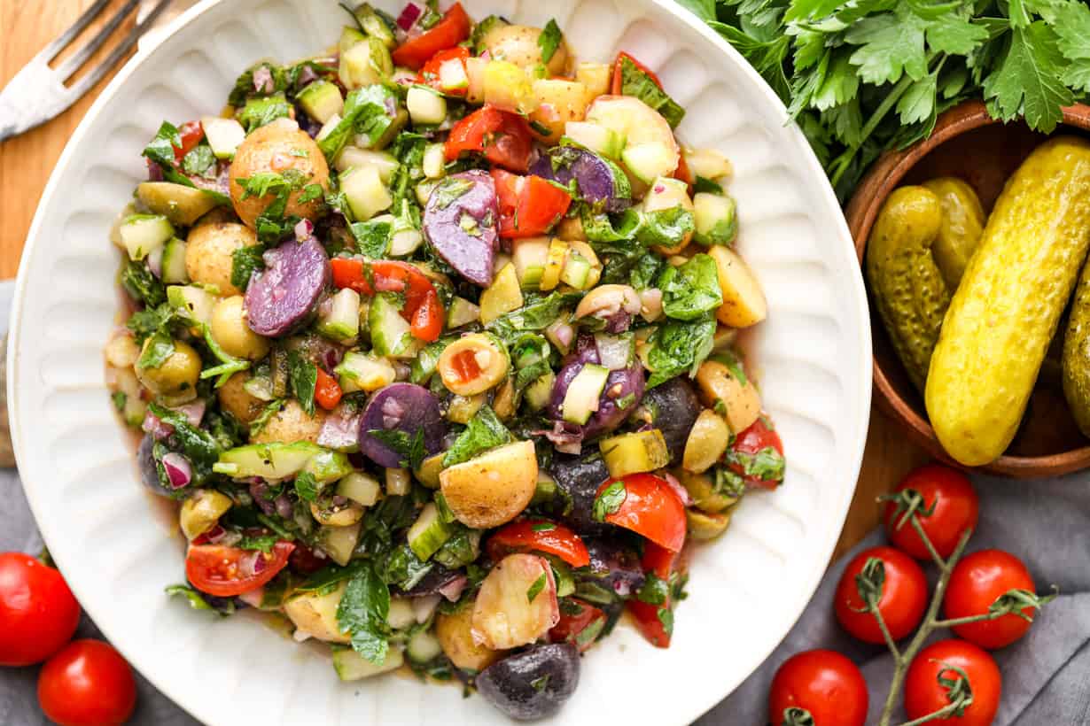 Mediterranean Potato Salad with cherry tomatoes and pickled dill