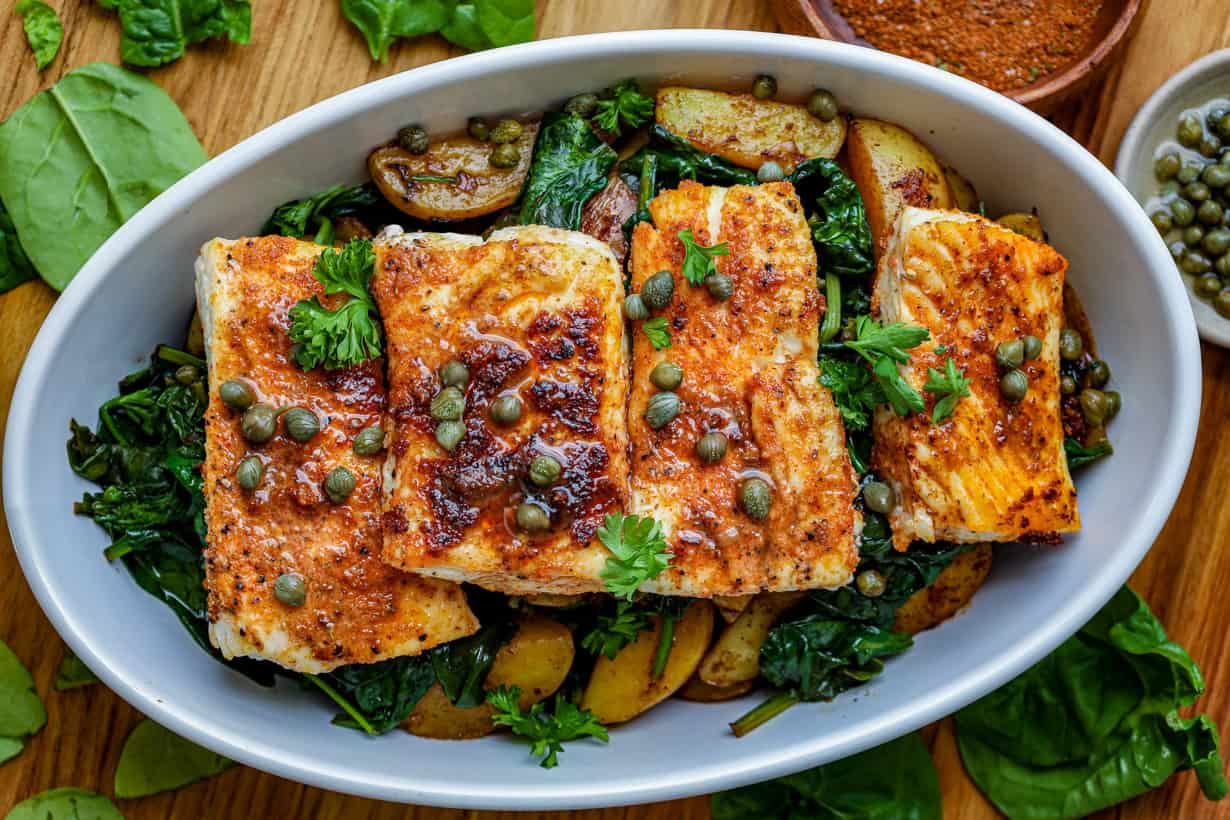 spinach, potatoes and pan seared spinach