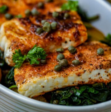 Pan seared halibut with capers