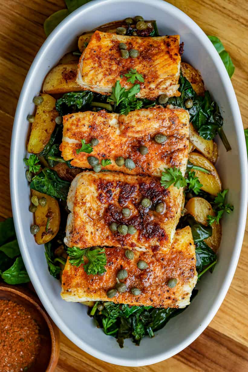 spinach, potatoes and pan seared spinach