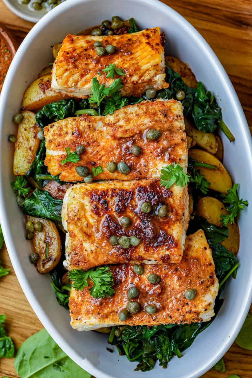 Pan Seared Halibut topped with capers and parsley
