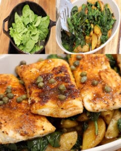 cooking spinach and placing it on top of potatoes and fish