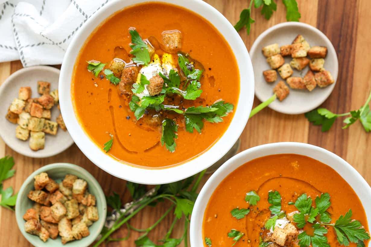 Homemade tomato bisque in bowls