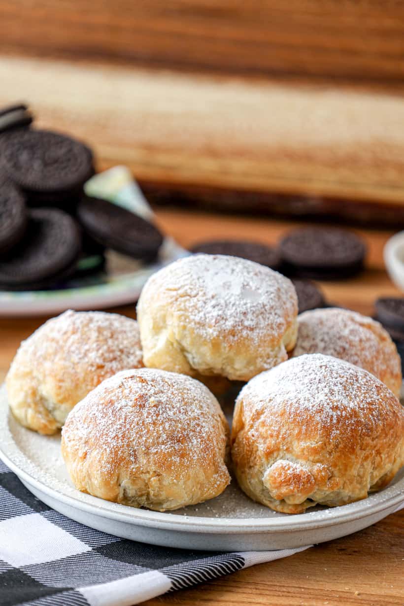 Air Fryer Oreos stacked on top of each other.