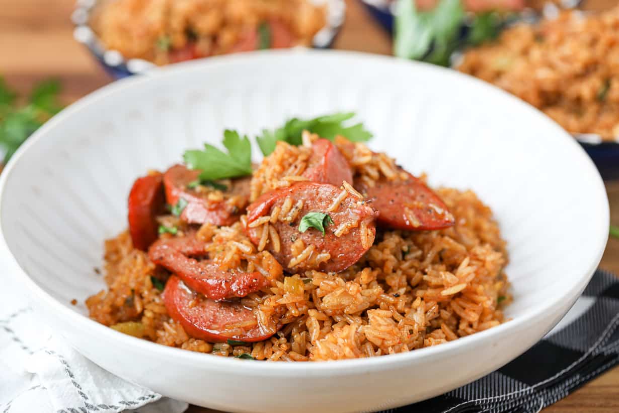 Cajun Fried Rice in white bowl