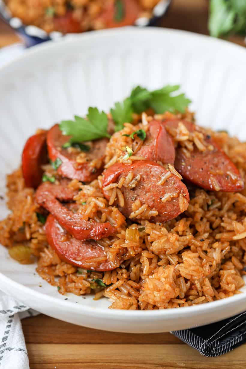 Cajun fried rice garnished with fresh parsley