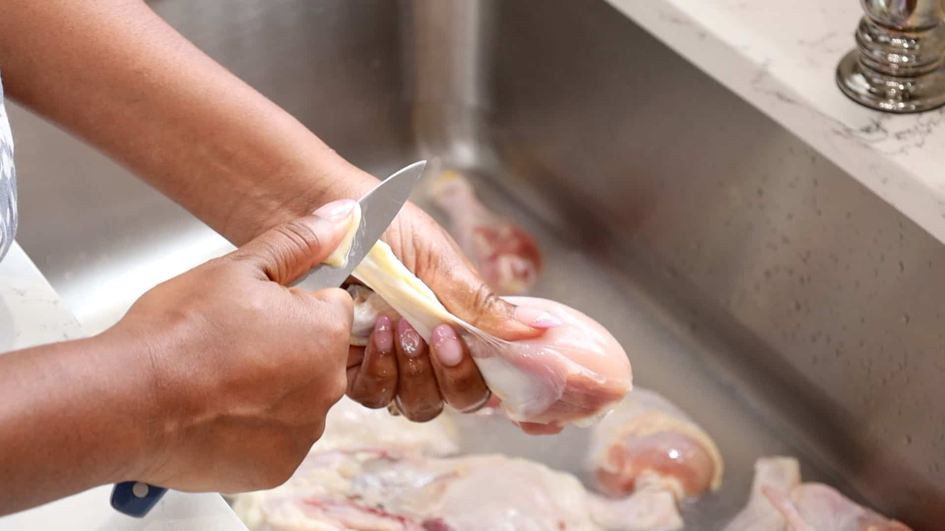 pulling chicken skin back