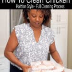 woman holding packs of chicken. How to clean chicken Pinterest pin