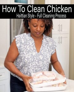 woman holding packs of chicken. How to clean chicken Pinterest pin