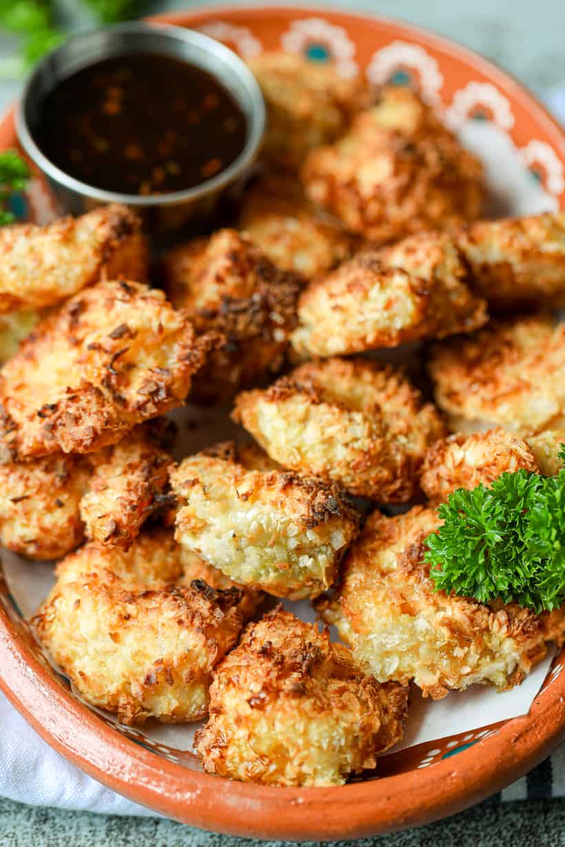 air fryer coconut shrimp on brown plate
