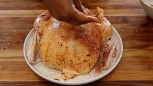 Applying seasoning rub to chicken