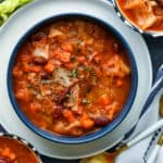 Instant cabbage soup in a blue bowl
