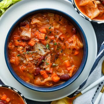 Instant cabbage soup in a blue bowl