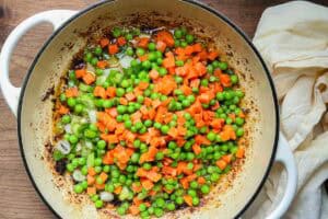 onions, peas, and carrots mixture in braiser