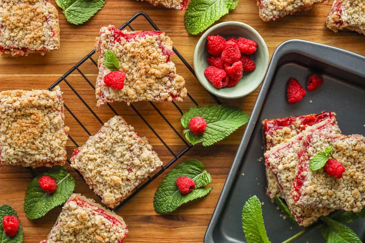 Raspberry Bars on a cooling rack.