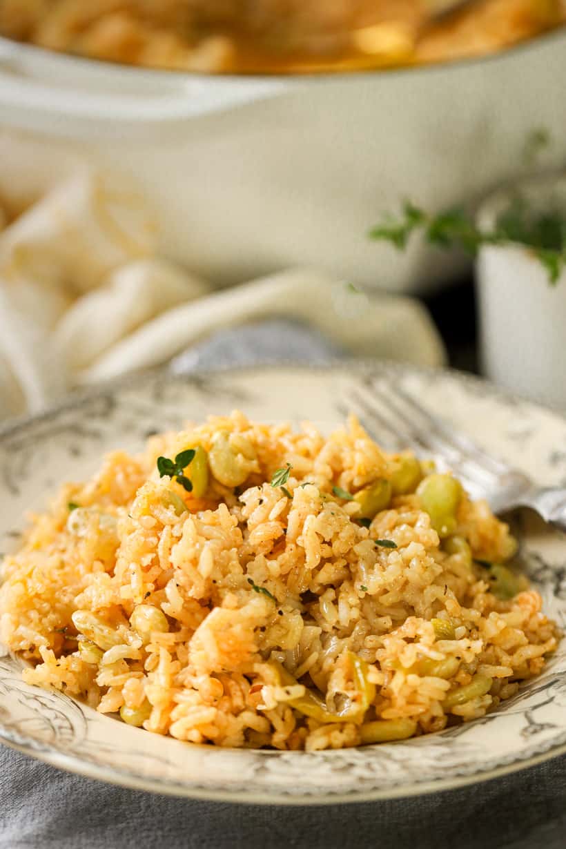 rice and lima beans topped with herbs