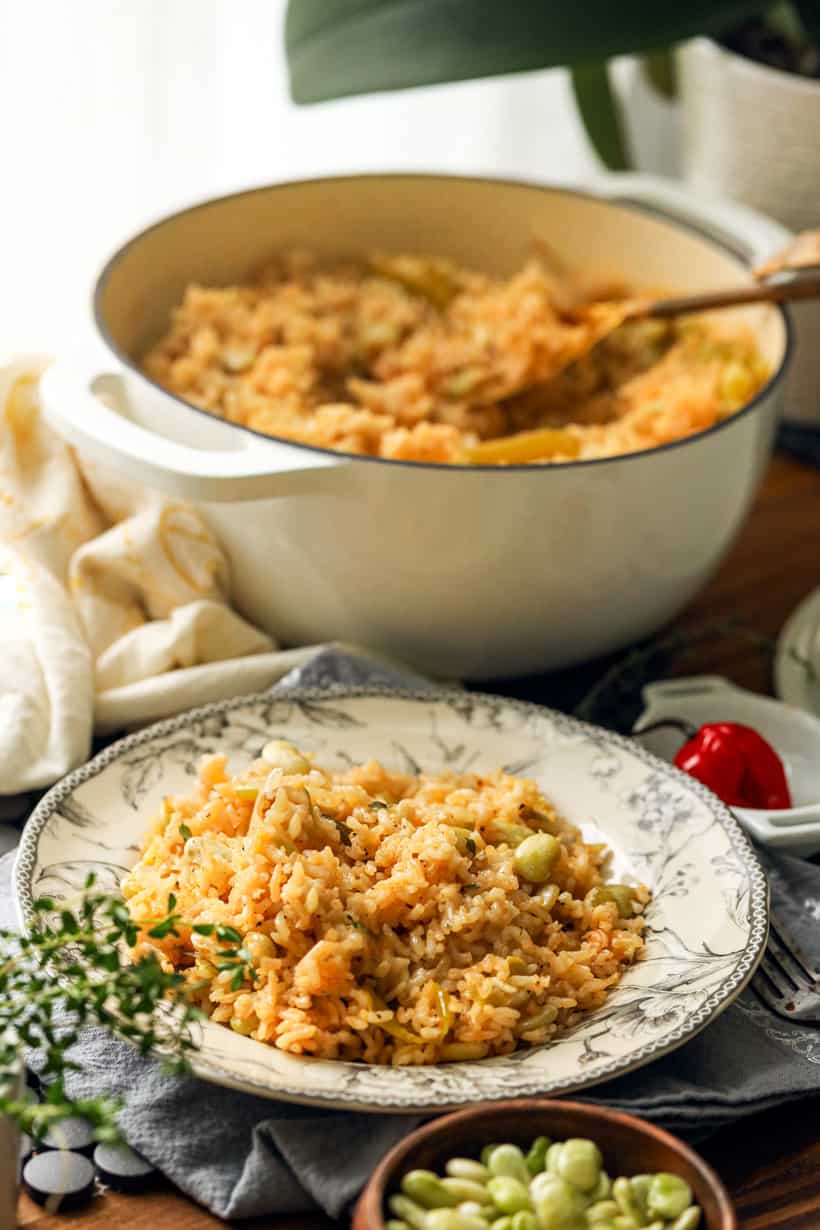 lima beans and rice on plate and pan
