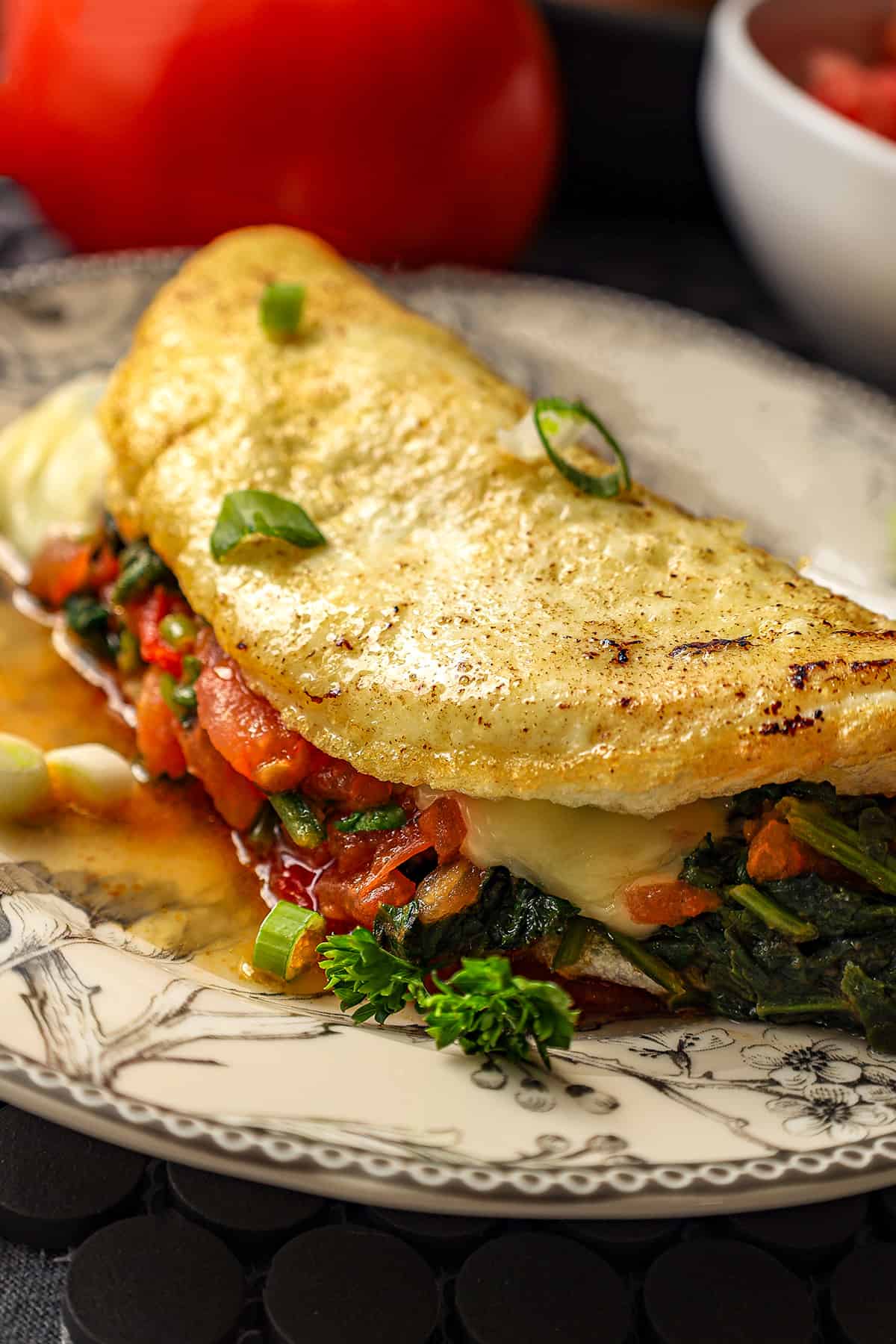 egg white omelet with vegetables and topped with slices of green onion.