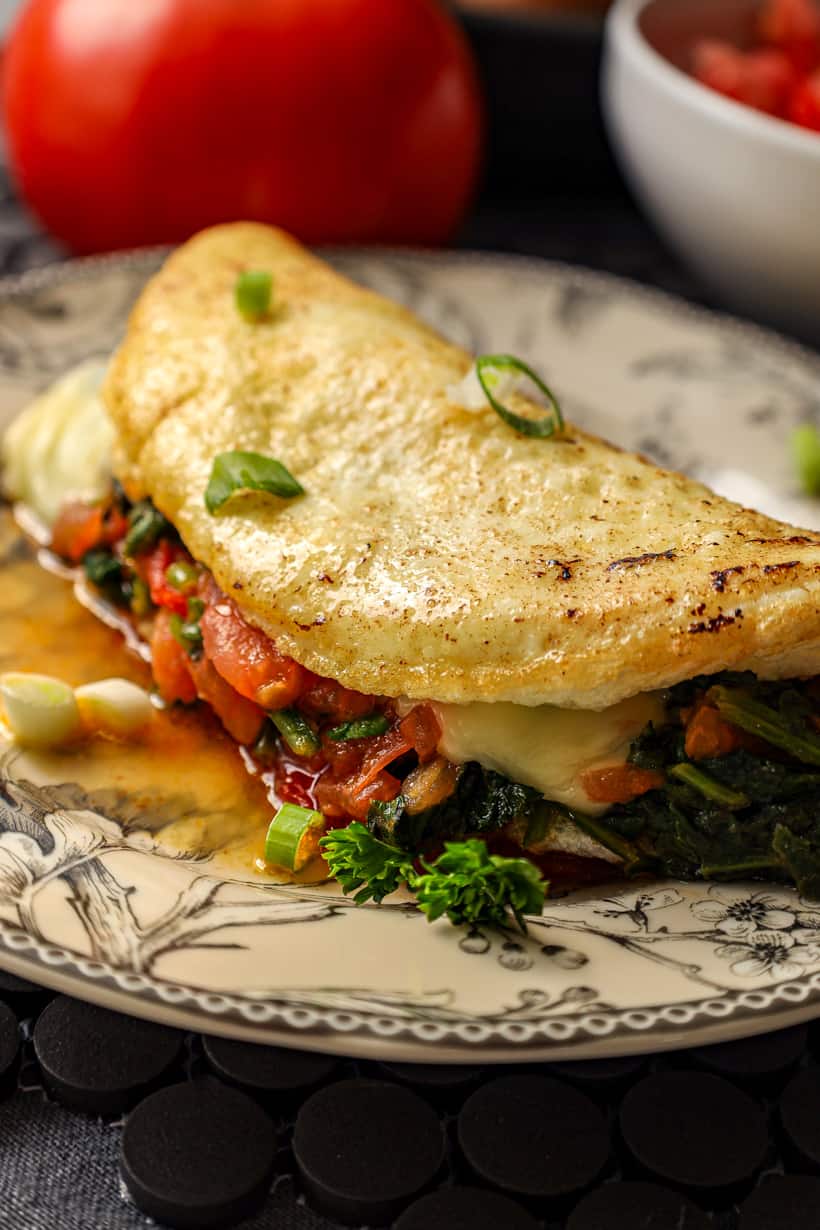 egg white omelet with vegetables and topped with slices of green onion.