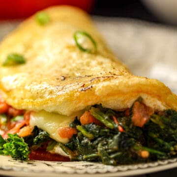 Fluffy egg white omelette (omelet) stuffed with vegetables.