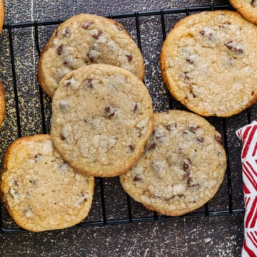 Browned butter chocolate chip cookies on cooling rack