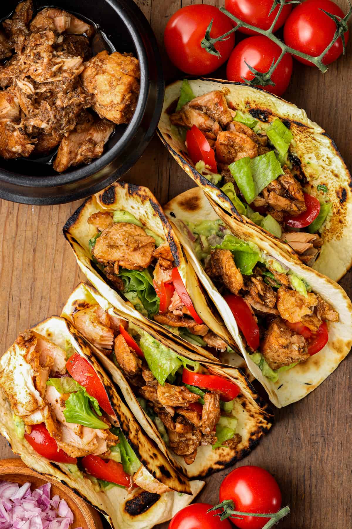 salmon tacos on wooden board