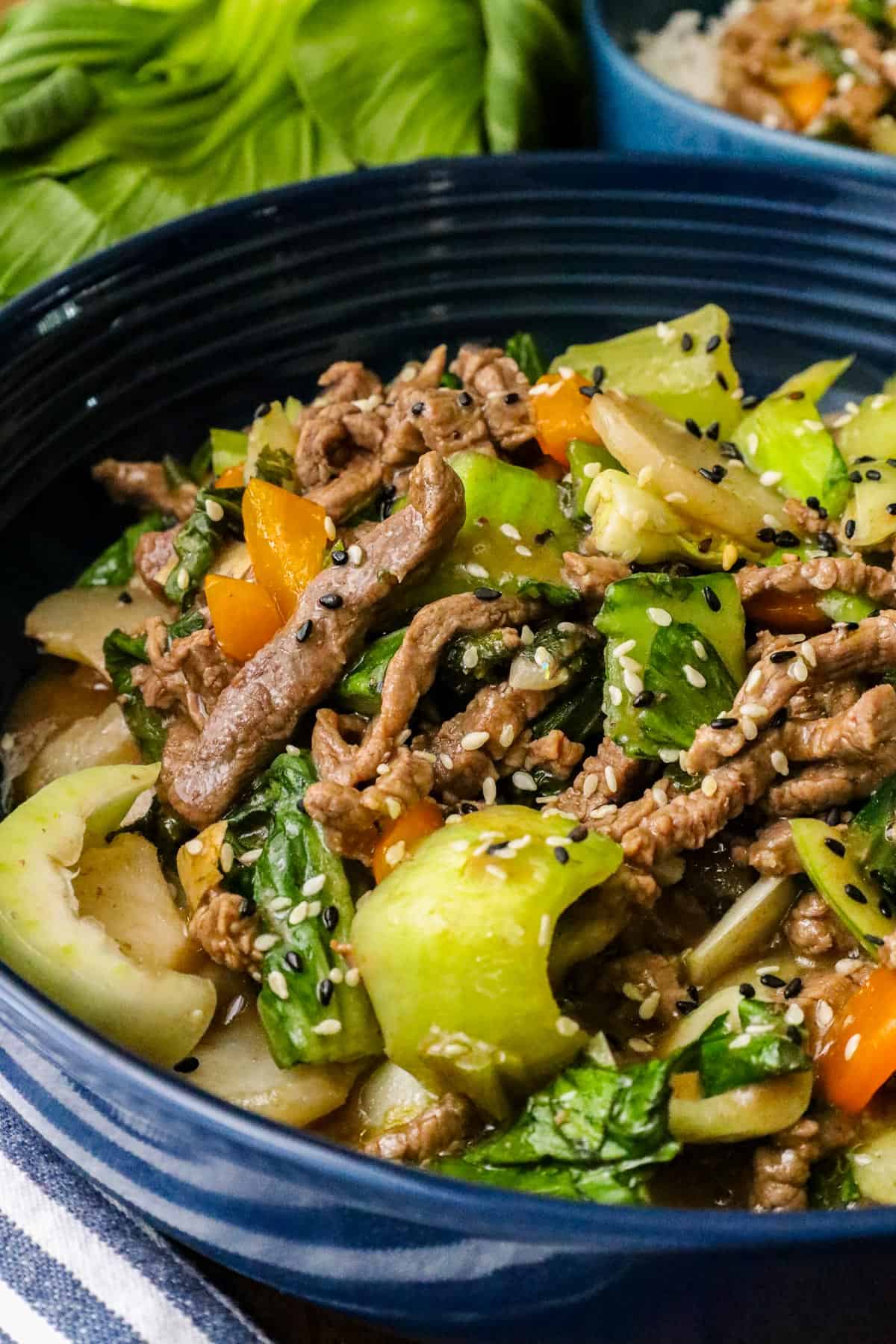 Beef Bok Choy recipe in blue bowl
