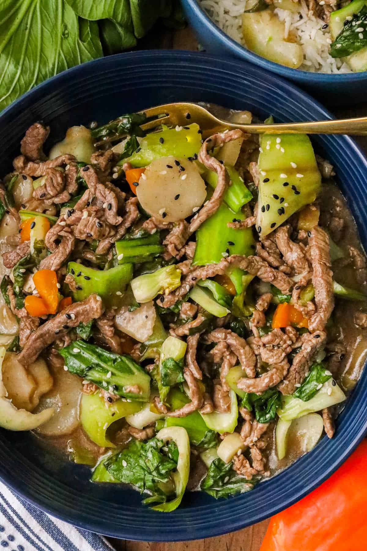 Beef Bok Choy recipe in blue bowl