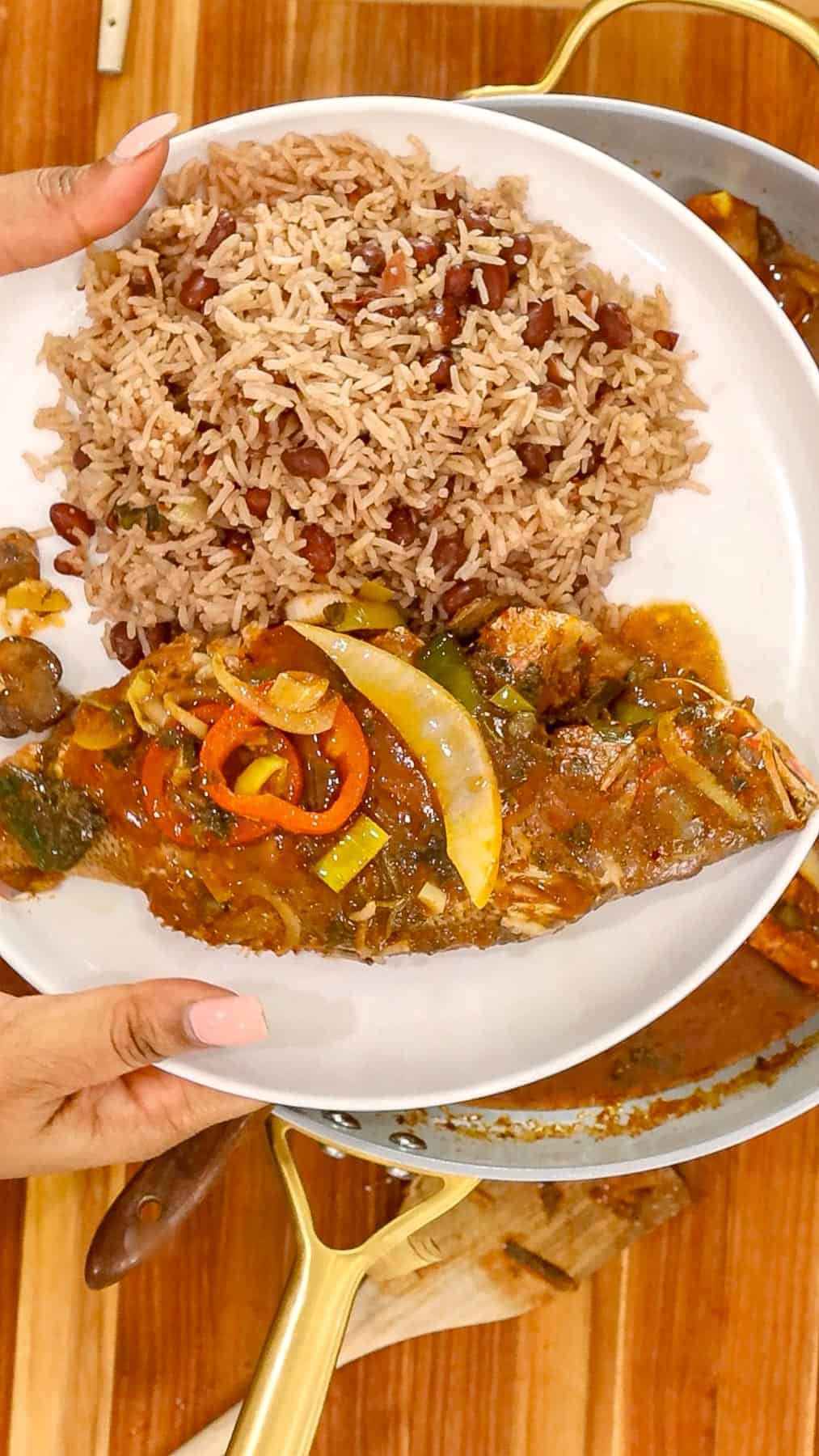 plated red beans and rice with Haitian fish stew