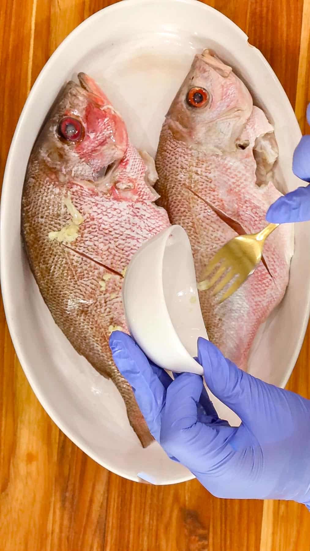 Adding garlic to red snapper