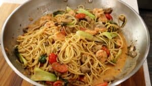 Bok Choy Pasta in wok