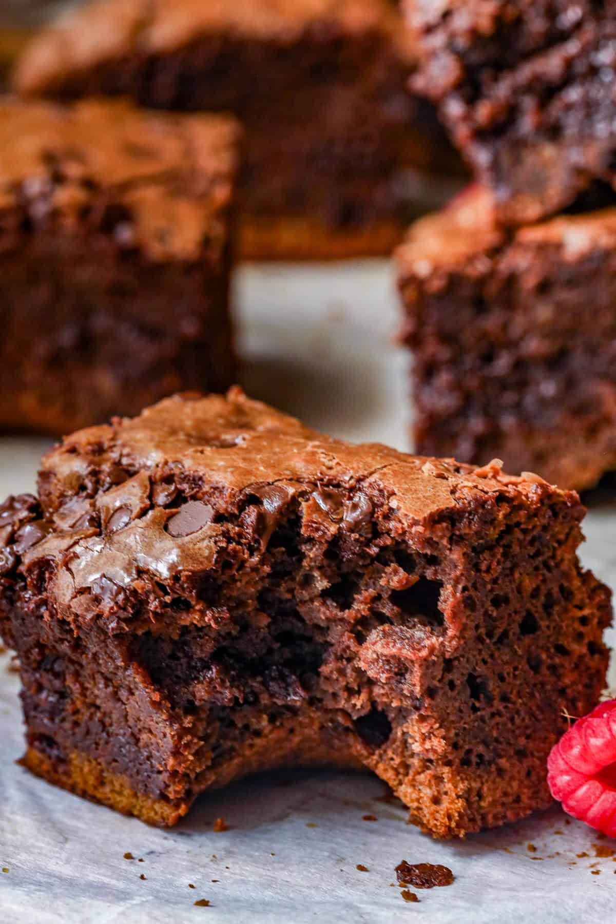 chocolate fudge brownies with bite cut
