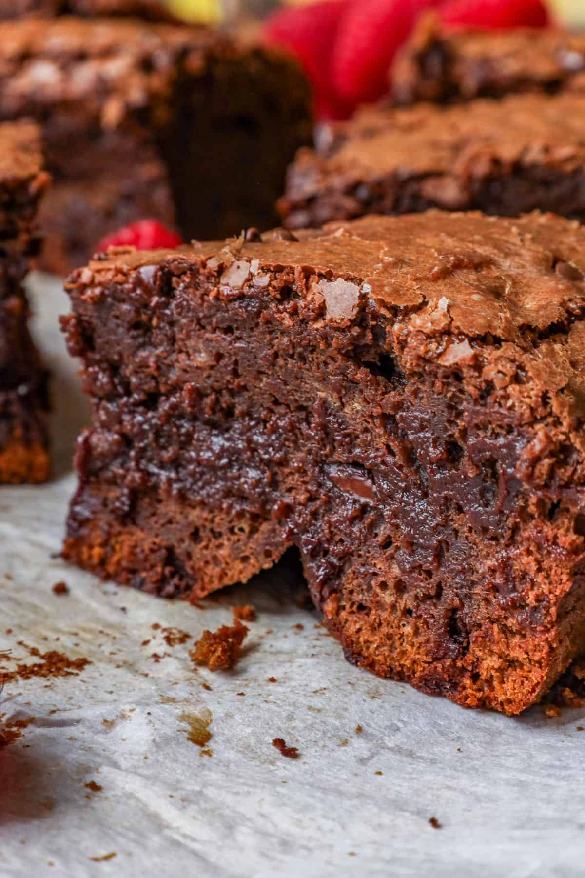 side view of chocolate fudge brownies