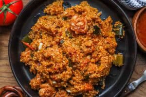 Mayi moulin with shrimp in black bowl