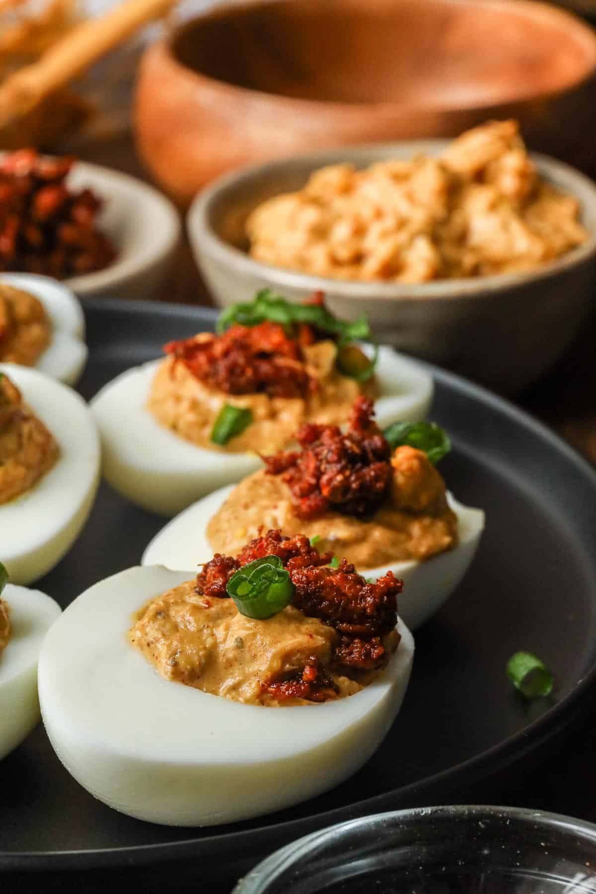 deviled eggs with crabmeat topped with chives
