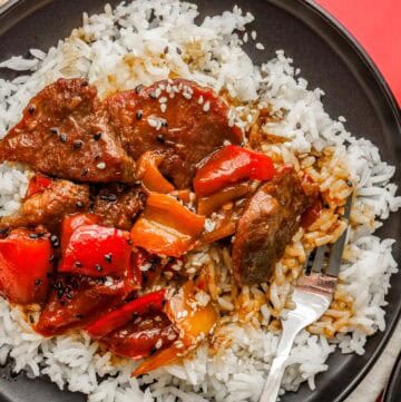 Pepper Steak and Rice topped with sesame seeds