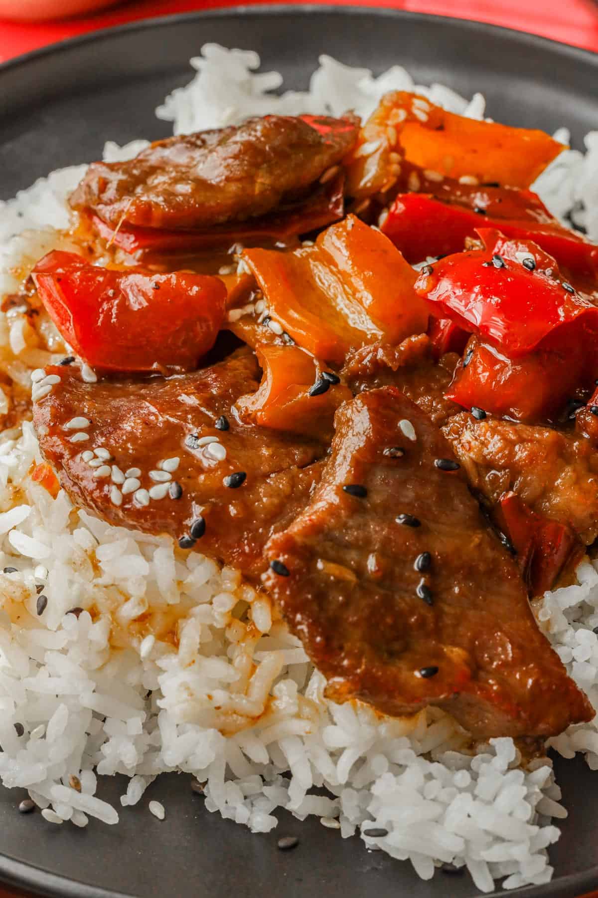 Pepper Steak and Rice topped with sesame seeds