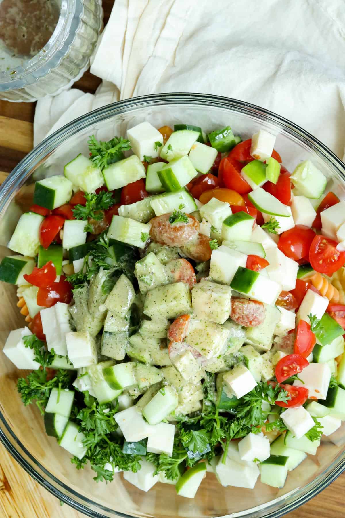 add the dressing to the pasta mixture